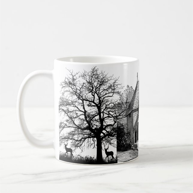 Black and White Graphic House and Trees Mug (Left)