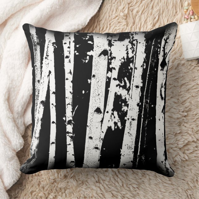 Black and White Graphic Paper Birch Trees Throw Pillow (Blanket)