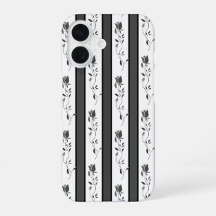 Black and white gray vintage striped with roses iPhone 16 case