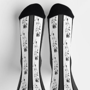 Black and white gray vintage striped with roses socks
