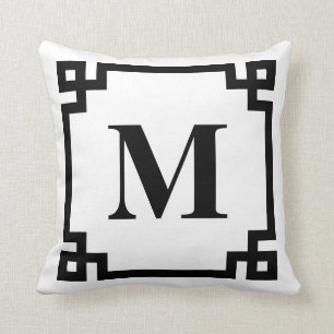 Black and White Greek Key Border Monogram Throw Pillow