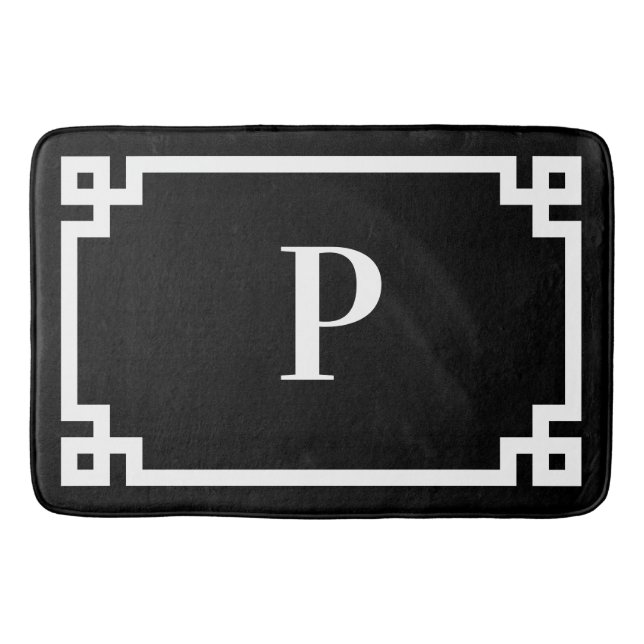 Black and White Greek Key Frame Monogram Large Bath Mat (Front)