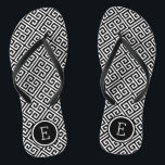 Black and White Greek Key Monogram Flip Flops<br><div class="desc">Custom printed flip flop sandals with a stylish modern Greek key pattern and your custom monogram or other text in a circle frame. Click Customize It to change text fonts and colours or add your own images to create a unique one of a kind design!</div>