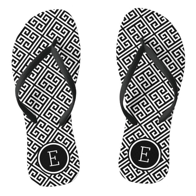 Black and White Greek Key Monogram Flip Flops (Footbed)