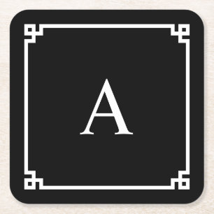 Black and White Greek Key Monogram Square Paper Coaster