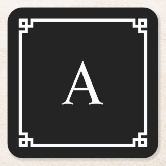 Black and White Greek Key Monogram Square Paper Coaster