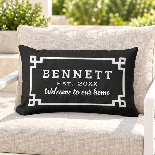 Black and White Greek Key Monogram Welcome Lumbar Pillow
