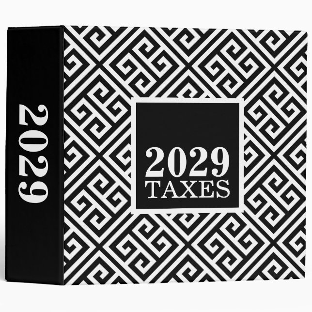 Black and White Greek Key Tax Organizer Binder (Front/Spine)