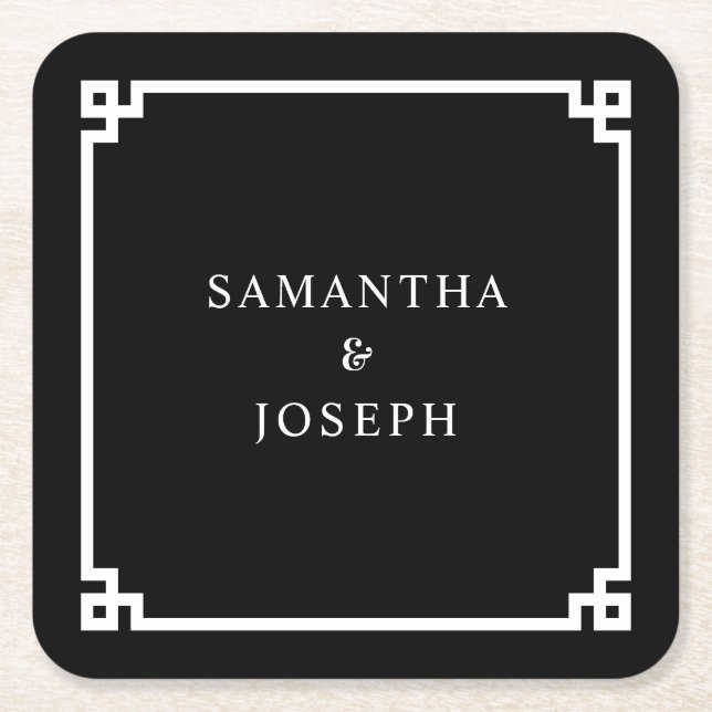 Black and White Greek Key Wedding Square Paper Coaster (Front)