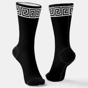 Black and White Greek Pattern on Black Crew Socks
