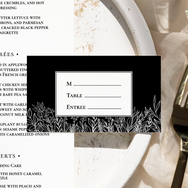 Black and White Greenery Entree Choice Flat Place Card (Creator Uploaded)