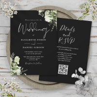 Black And White Greenery Floral QR Code Wedding