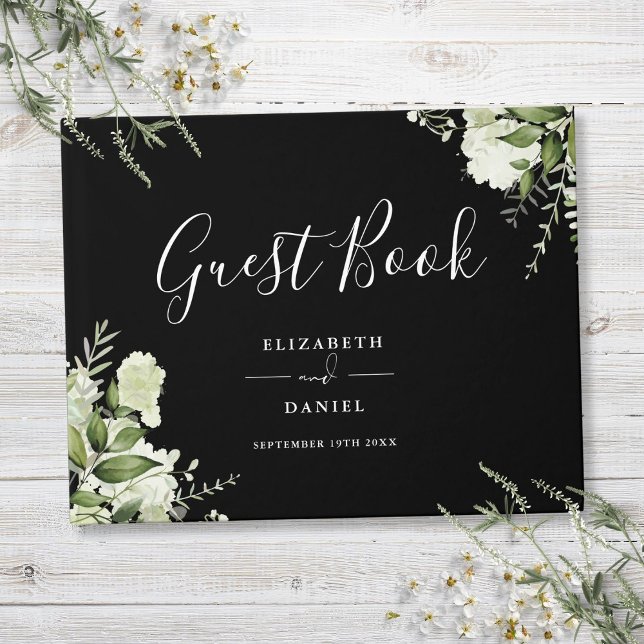 Black And White Greenery Floral Wedding Guest Book (Black And White Greenery Floral Wedding Guest Book)