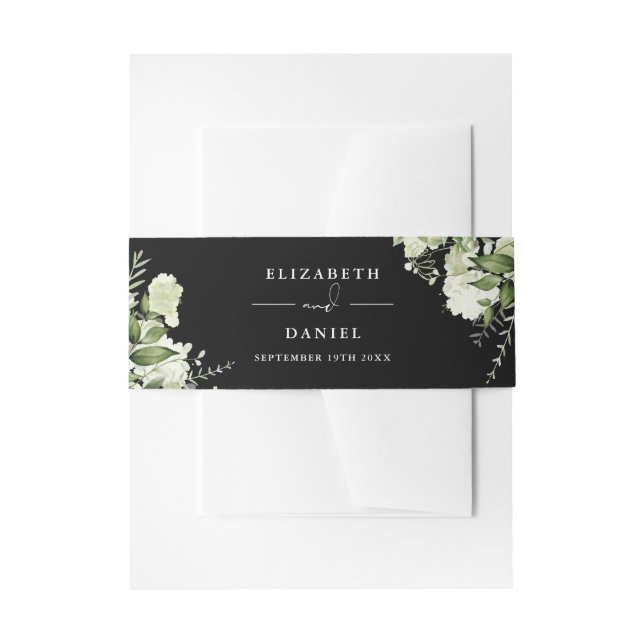 Black And White Greenery Floral Wedding Invitation Belly Band (Front Example)