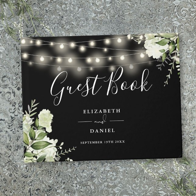 Black And White Greenery String Lights Wedding Guest Book (Black And White Greenery String Lights Wedding Guest Book)