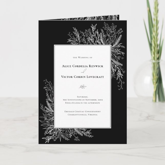 Black and White Greenery Wedding Folded Program (Front)