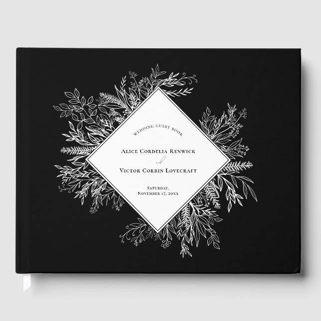 Black and White Greenery Wedding Guest Book (Front)