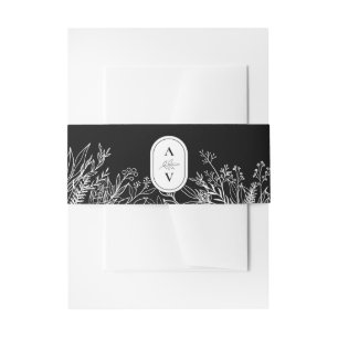 Black and White Greenery Wedding Monogram Invitation Belly Band