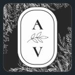Black and White Greenery Wedding Monogram Square Sticker<br><div class="desc">This Black and White Greenery Wedding Monogram Square Sticker design offers a classic combination of simple minimalist typography with a neutral black and white colour story and chic line art greenery. The moody leaf silhouette embellishments are artfully arranged to create a beautiful flowing shape that sets off the polished geometric...</div>