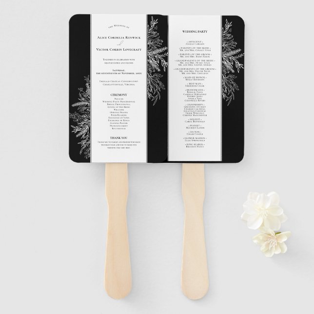 Black and White Greenery Wedding Program Hand Fan (Front and Back)