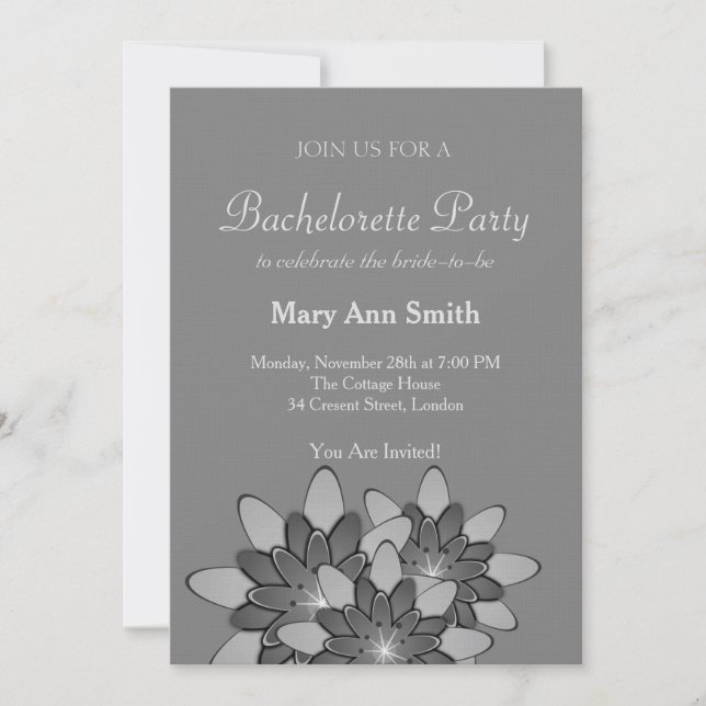Black and White Grey Floral Lotus Bachelor Party Invitation (Front)