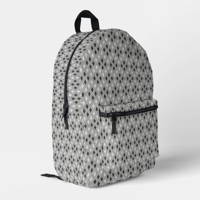 black and white grey geometric fine pattern printed backpack (Back Corner Left)