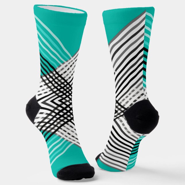 Black and white , grey  geometric pattern, mint socks (Angled)