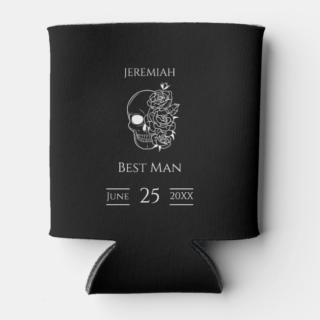 Black and white Groomsmen Wedding Can Cooler (Front)