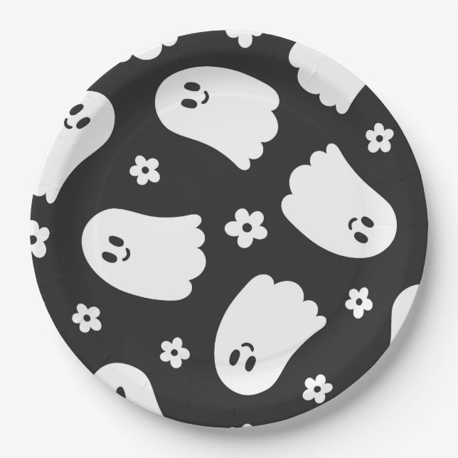 Black and White Groovy Ghost and Flowers Paper Plate (Front)