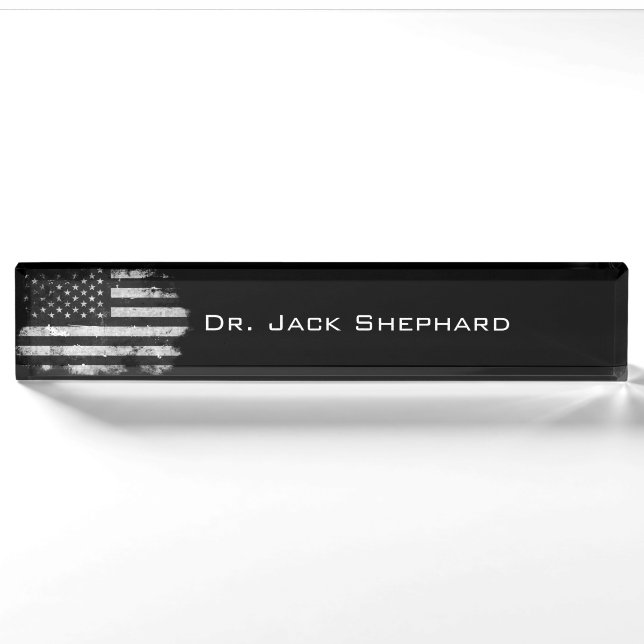 Black and White Grunge American Flag Nameplate (Front)