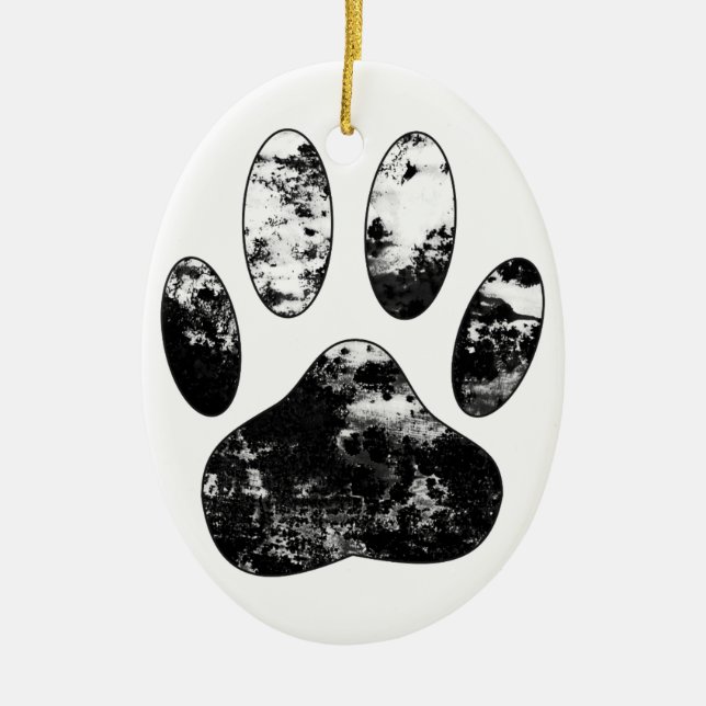 Black and White Grunge Dog Paw Print Ceramic Ornament (Front)