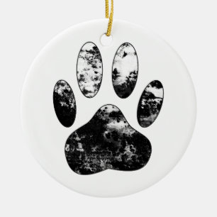 Black and White Grunge Dog Paw Print Ceramic Ornament