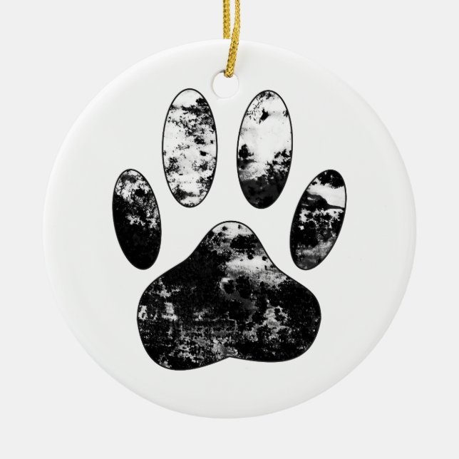 Black and White Grunge Dog Paw Print Ceramic Ornament (Front)