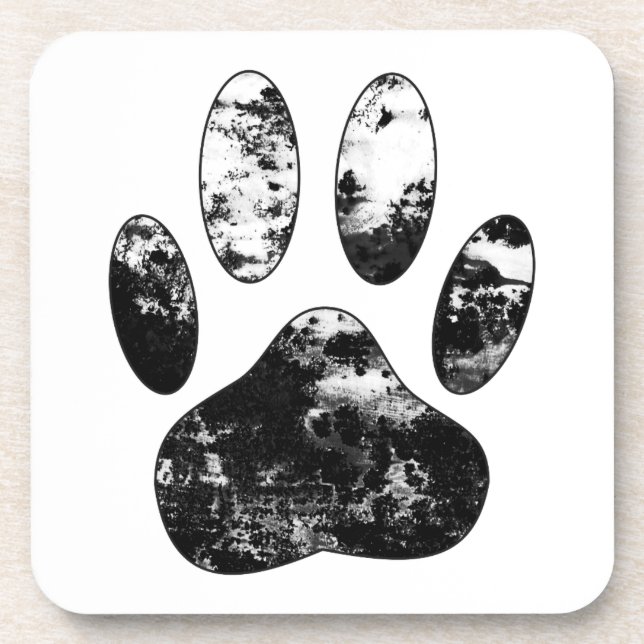 Black and White Grunge Dog Paw Print Coaster (Front)