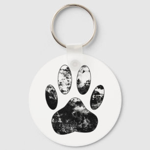Black and White Grunge Dog Paw Print Keychain