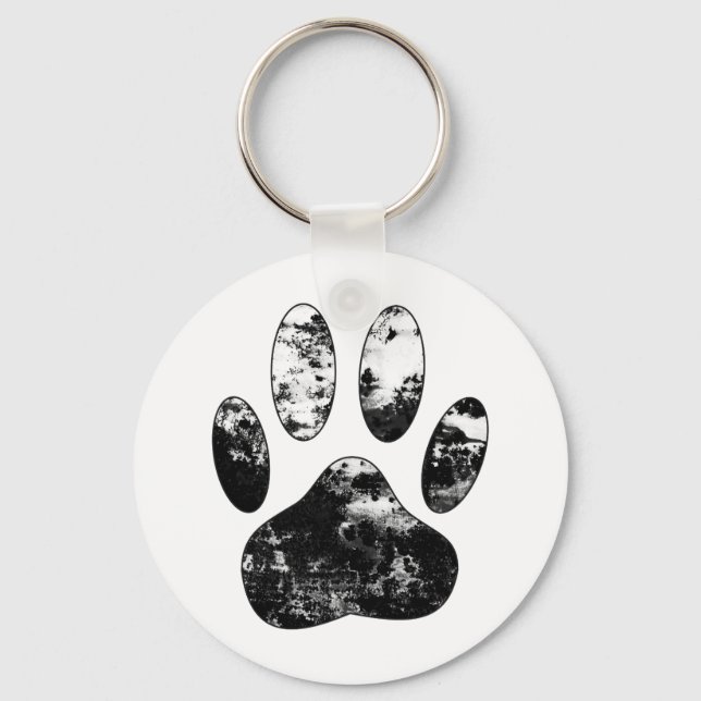 Black and White Grunge Dog Paw Print Keychain (Front)