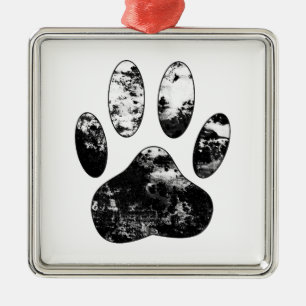 Black and White Grunge Dog Paw Print Metal Ornament