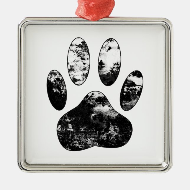 Black and White Grunge Dog Paw Print Metal Ornament (Front)