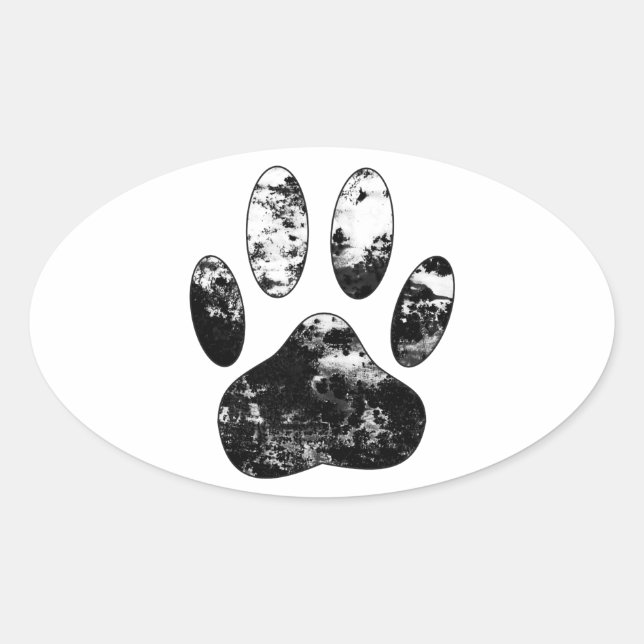 Black and White Grunge Dog Paw Print Oval Sticker (Front)
