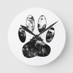Black and White Grunge Dog Paw Print Round Clock