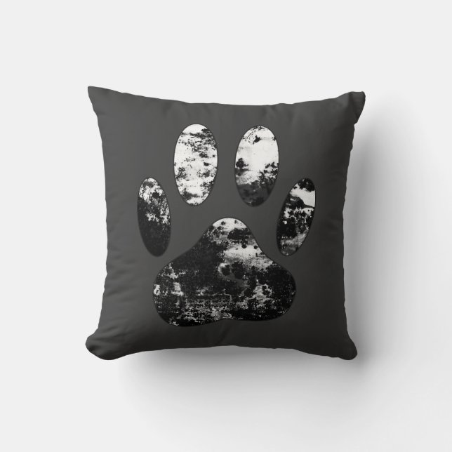 Black And White Grunge Dog Paw Print Throw Pillow (Front)