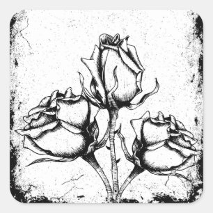 Black and White Grunge Roses Square Sticker