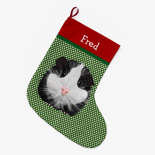 Black And White Guinea Pig Personalized Large Christmas Stocking (Front (Hanging))