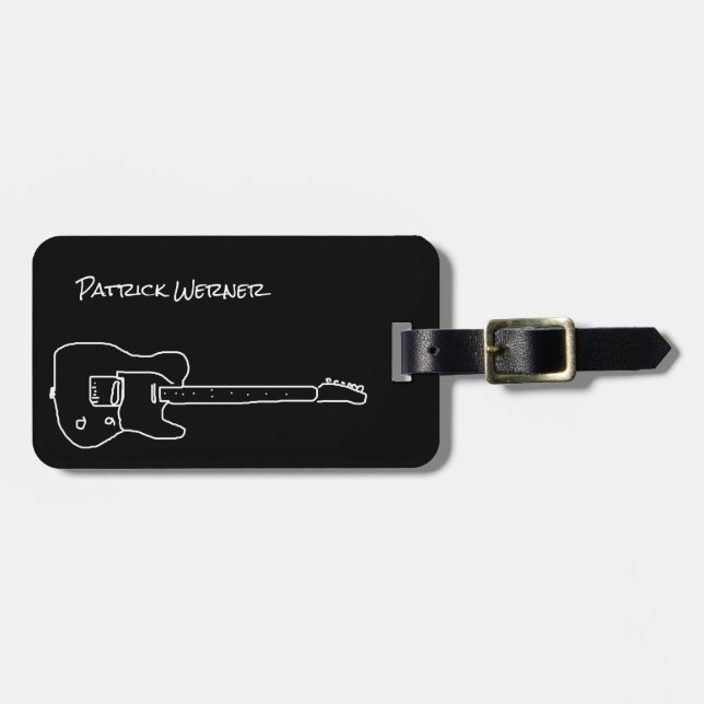 black and white guitar, guitarist travel luggage tag (Front Horizontal)