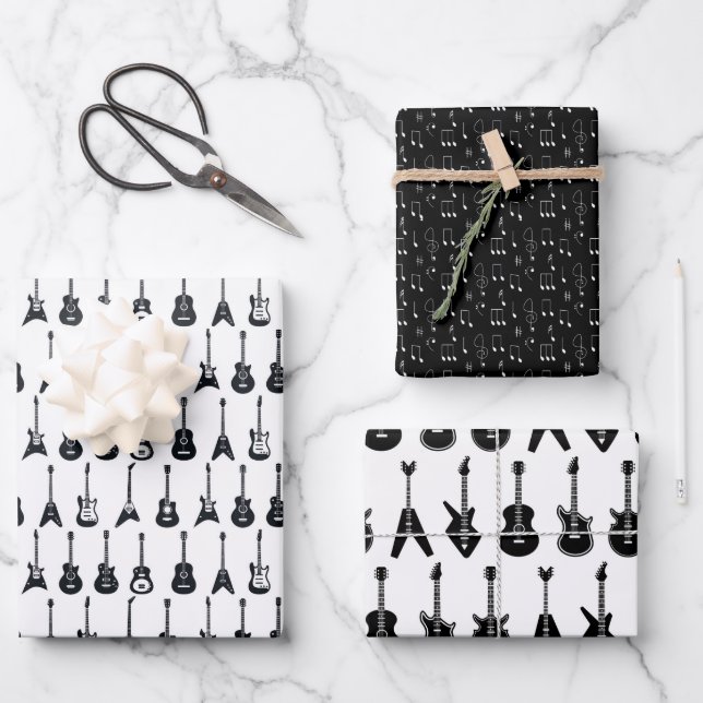Black and White Guitars Wrapping Paper Sheet (Front)