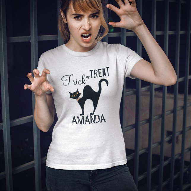 black and White Halloween Cat Custom T-Shirt (Trick or treat black cat custom t shirt. )