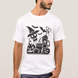 Black and White Halloween Coffee Silhouette Graphi T-Shirt