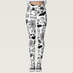 BLACK AND WHITE HALLOWEEN DOODLES LEGGINGS