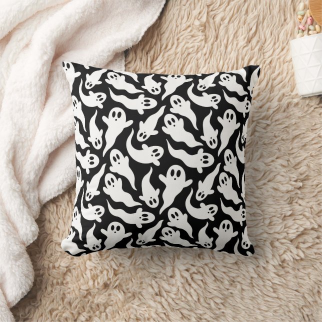  Black and White Halloween Ghost Pattern Throw Pillow (Blanket)