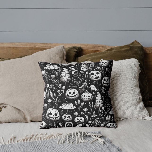 Black and White Halloween Pattern Throw Pillow (Creator Uploaded)